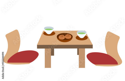 japanese tea and sweets table setting in ryokan illustration