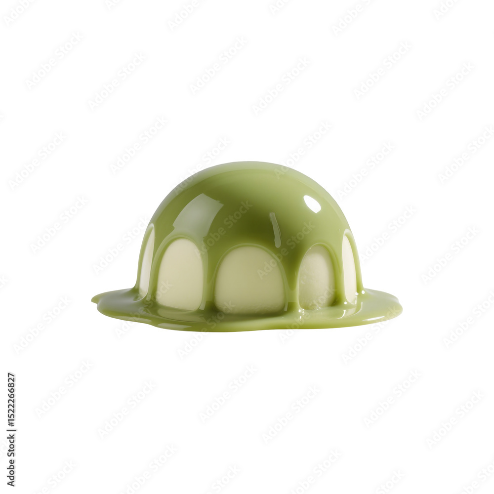 Fototapeta premium Pistachio-green dome shaped dessert halfway melting, glossy and creamy surface