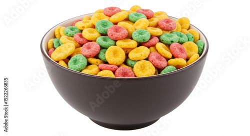 Isolated Image of Colorful Cereal Rings in Brown Bowl on Transparent Background