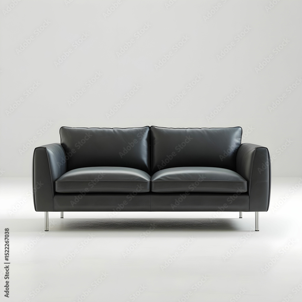 A contemporary black faux leather 2-seater with sleek stainless steel legs. A contemporary black faux leather 2-seater with sleek stainless steel legs.