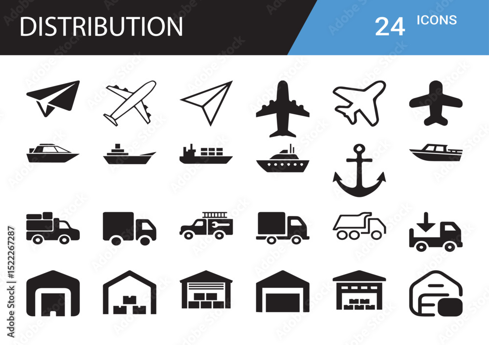 Distribution Icon Collection: A comprehensive set of 24 monochrome icons, each representing a mode of transport and delivery. These include airplanes, boats, trucks, and warehouses. Distribution Icon Collection: A comprehensive set of 24 monochrome icons, each representing a mode of transport and delivery. These include airplanes, boats, trucks, and warehouses.
