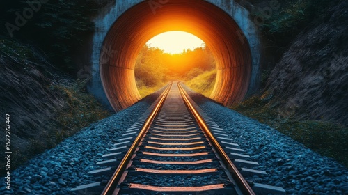 Dynamic rays of blue and orange light create an ethereal atmosphere in a futuristic tunnel, where train tracks extend into the unknown, inviting exploration.