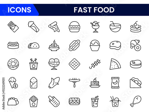 Vibrant vector web line icons showcasing fast food, burgers, fries, drinks, and quick dining experiences with bold, appetizing designs.