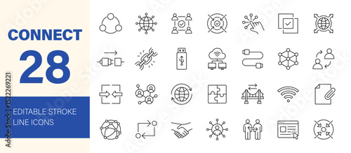 Connect icon set. Containing network, join, collaboration, connectivity, interaction, cable, integration, connection, link, together and more. Editable line icons. Vector illustration.