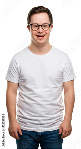 Isolated Portrait Of A Smiling Man With Down Syndrome In White Shirt