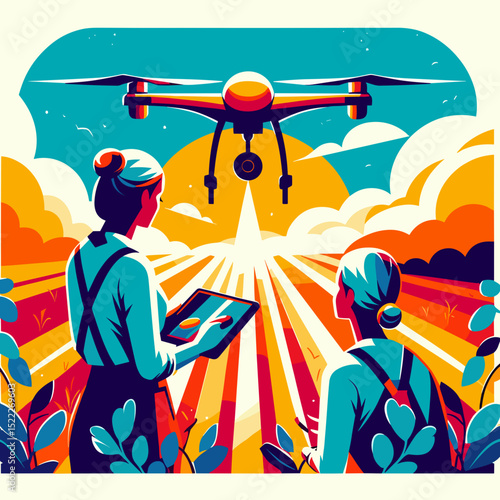 Technicians checking vineyard drone, with a vibrant mood, against colorful landscape