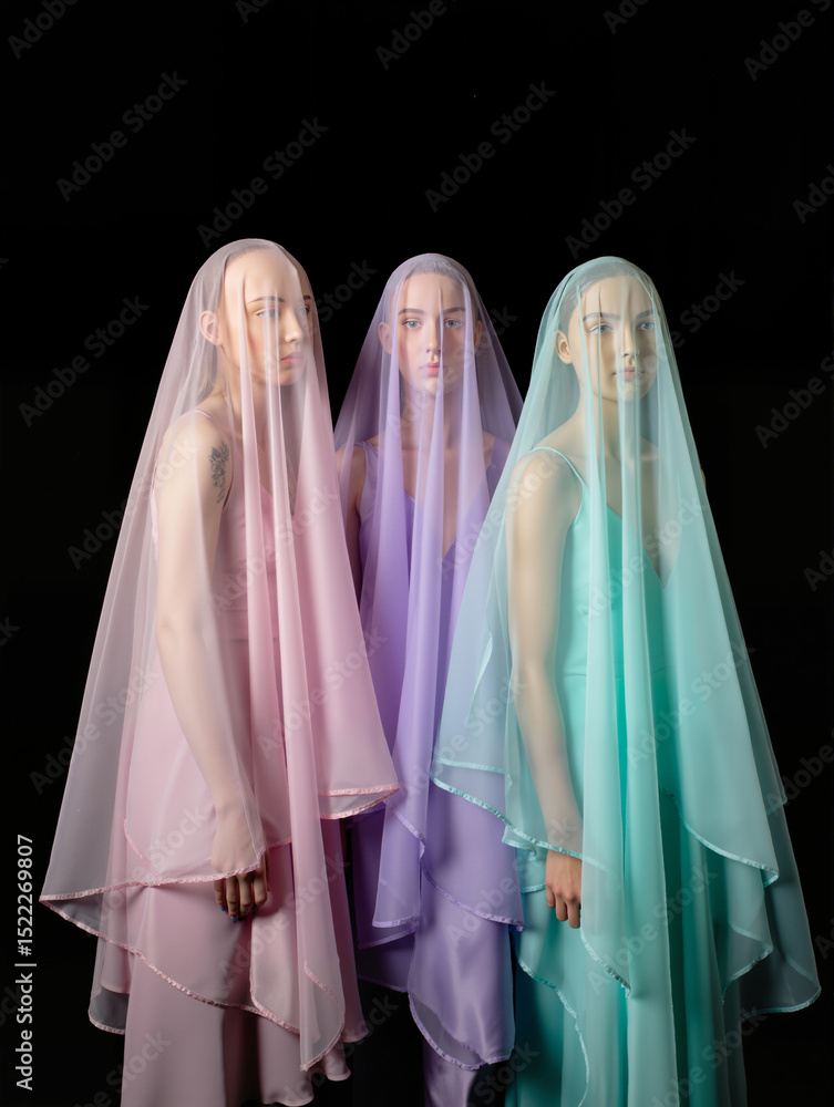 Three pastel figures under translucent fabric Three pastel figures under translucent fabric