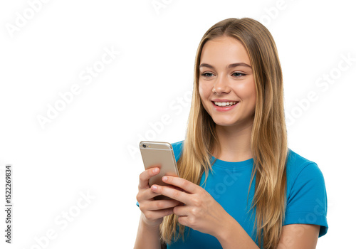 Isolated Portrait Of Teen Girl Enjoying Phone on Transparent Background