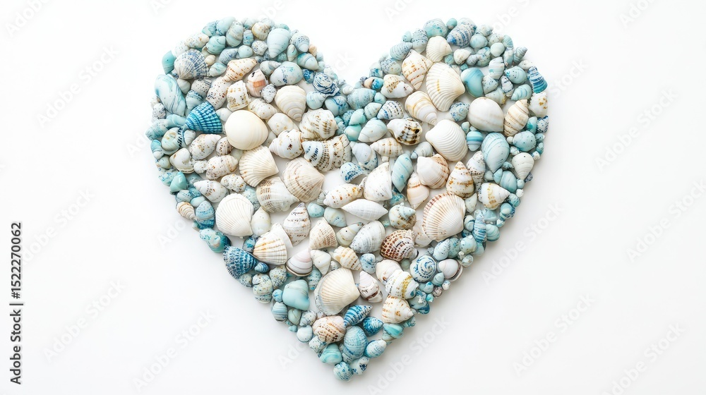 A Beautiful Heart Shape Made of Varied Seashells in Shades of Blue and White on a Clean White Background Perfect for Coastal Themes and Beach Decorations A Beautiful Heart Shape Made of Varied Seashells in Shades of Blue and White on a Clean White Background Perfect for Coastal Themes and Beach Decorations