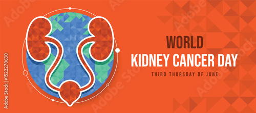 World kidney cancer day - orange kidney on circle globe world with low poly texture on orange background vector design