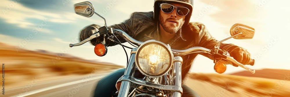 Fototapeta premium Biker riding motorcycle on desert road trip at sunset