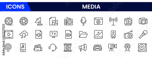 Dynamic vector web line icons showcasing media, broadcasting, streaming, journalism, cameras, microphones, and digital content creation tools.