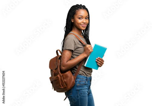 Isolated Portrait Of African American Student Woman With Backpack And Books