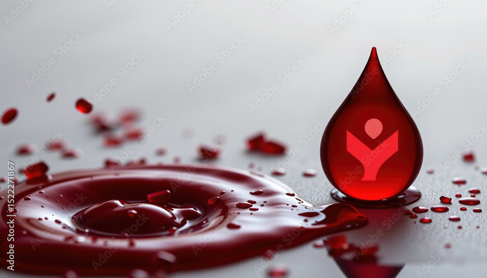 Fototapeta premium Vivid red droplet of liquid rests smooth surface, surrounded by smaller droplets, creating striking visual effect. droplet features logo