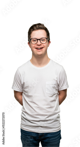 Isolated Potrait Of Young Down Syndrome Man in White Shirt Background