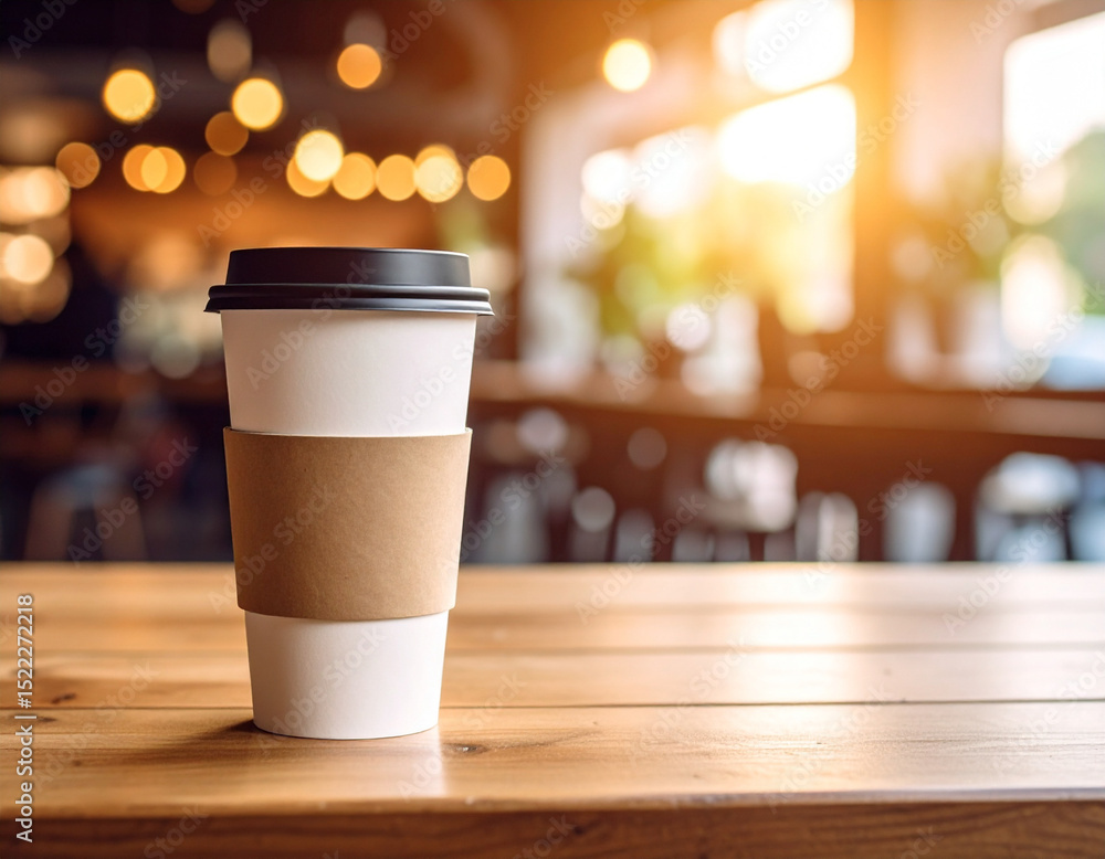 Plain takeaway coffee cup with sleeve on a café table Plain takeaway coffee cup with sleeve on a café table