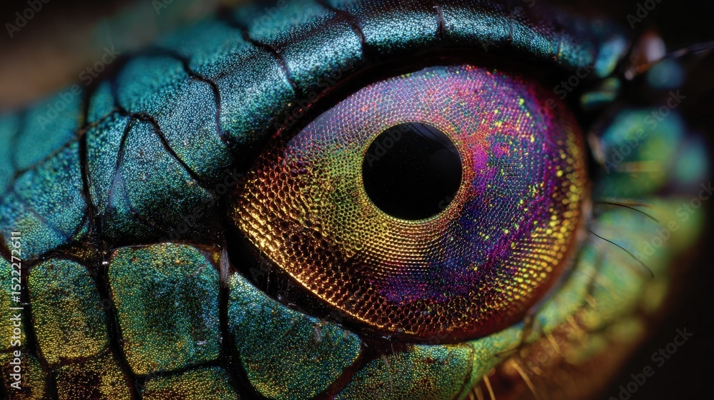 Obraz premium Close up Macro Shot of an Insect Eye with Vibrant Rainbow Colors and Detailed Texture