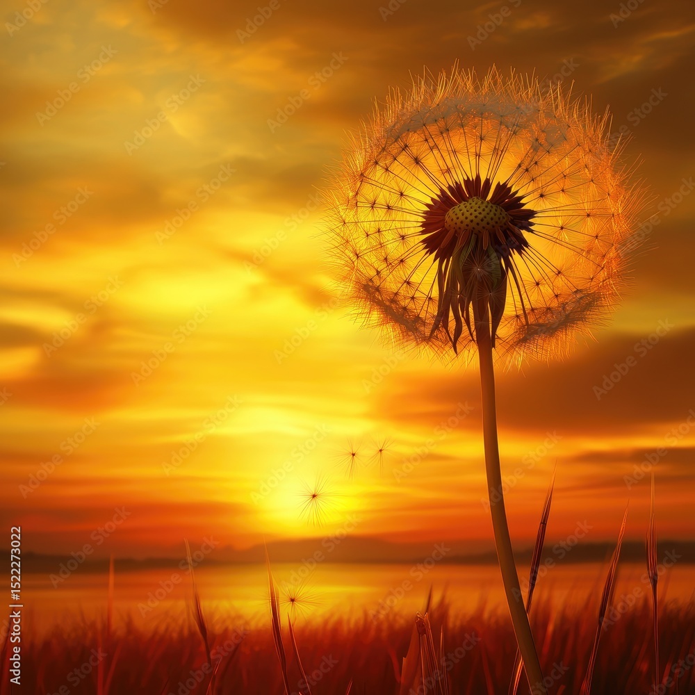 Fototapeta premium Golden sunset with dandelion