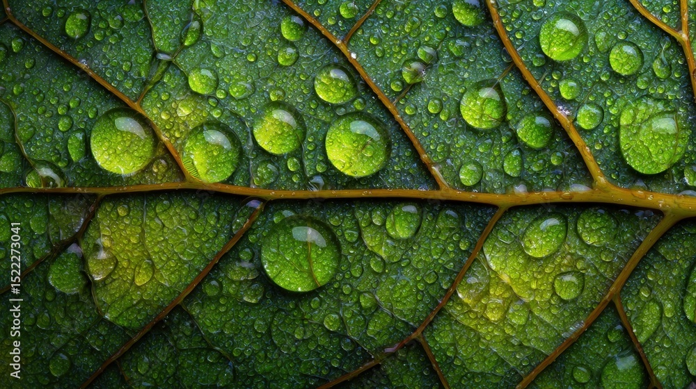 Fototapeta premium Vibrant Green Leaf with Dew Drops Macro Nature Background Image