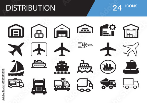 Distribution Icons: A collection of 24 sleek, minimalist icons representing various modes of distribution and logistics, essential for streamlining operations and optimizing supply chains.