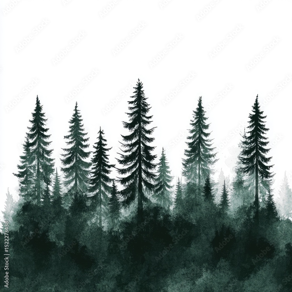 Silhouettes of evergreen trees in a misty forest Silhouettes of evergreen trees in a misty forest