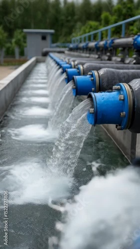 Water flowing from industrial pipes into a reservoir, waste water treatment facility with cascading streams.