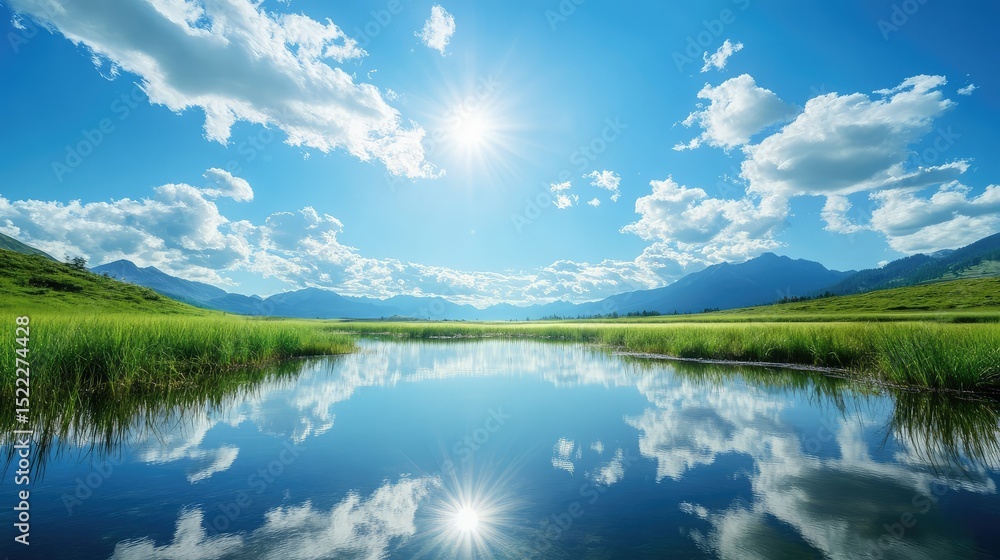 Obraz premium Serene Landscape Featuring Calm Water, Lush Green Grass, Majestic Mountains, and Bright Cloudy Sky Under Vibrant Sunlight Reflection Near Tranquil Lake