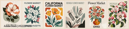 Set of retro Flower Market posters featuring US state flowers of Nevada, Georgia, Massachusetts, California, Ohio, and Michigan. Vintage botanical prints in mid-century modern style