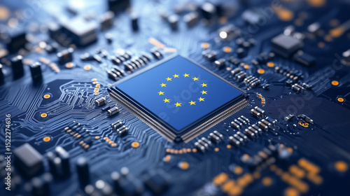 Close-up of a microchip with the EU flag, symbolizing Europe's advancements in technology and digital sovereignty.