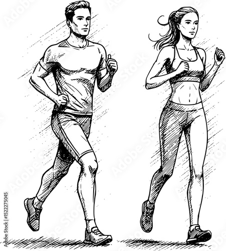 Running man and woman, isolated vector charcoal silhouettes. Run, side view. Charcoal sketches of athletic looking male and female runners running. EPS 10 version.