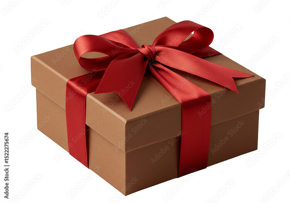 Fototapeta premium Isolated Studio Shot of Golden Gift Box with Red Ribbon on Transparent Background