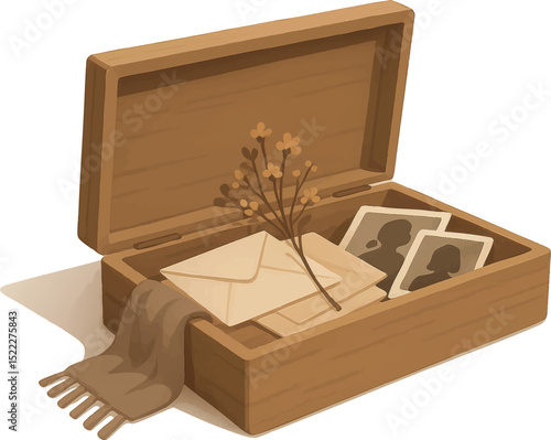 A nostalgic vector illustration of a memory box with letters, photos, flowers, and a scarf evoking emotional warmth and sentiment.