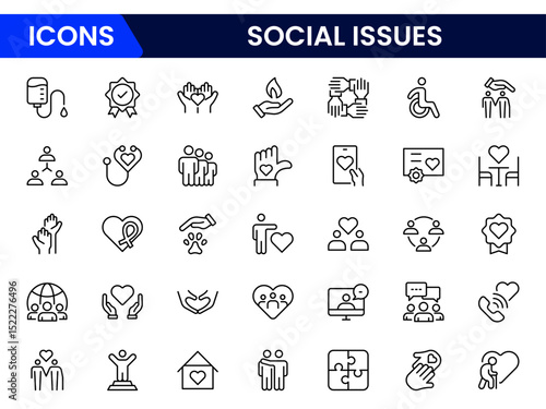 Impactful vector web line icons depicting social issues, equality, justice, community, awareness, and advocacy for positive societal change.