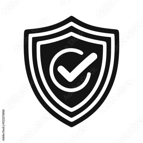 Solid black shield icon with a check mark representing security and approval.