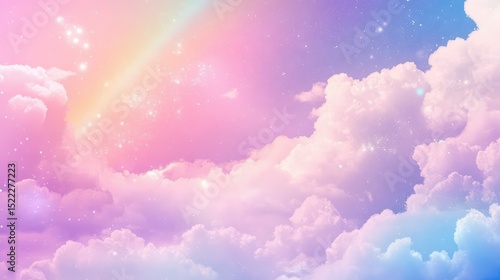 Enchanting and Dreamy Sky Full of Soft, Vibrant Clouds with a Gentle Rainbow and Sparkling Stars in a Pastel Color Palette for Creative Projects