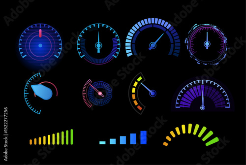 Vector set of automotive neon blue speedometer panels, with dial, scale and battery indicator.