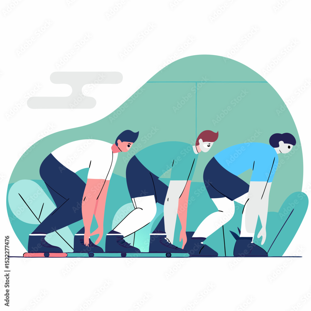Fototapeta premium Minimalist vector illustration of multiple athletes crouched at the starting blocks on a track, ready to sprint.