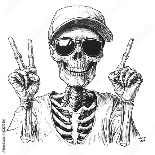 A cool skeleton with shades and a cap is giving a peace sign. This is an illustration, a fun and edgy piece perfect for alternative designs.