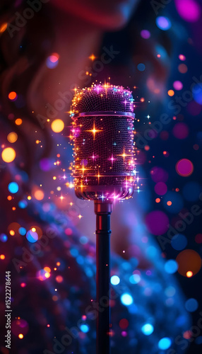 ファンタジーストーリー（スタンドマイクにそっと身を預け、澄んだ歌声で心の奥まで優しく満たす女性シンガー）