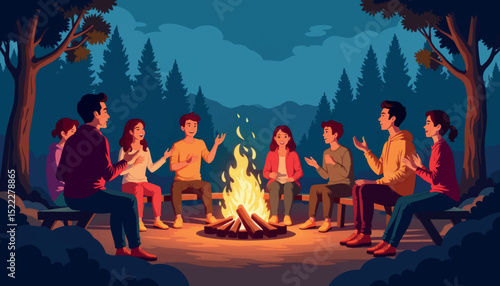Group singing joyfully around bonfire in the woods, camaraderie