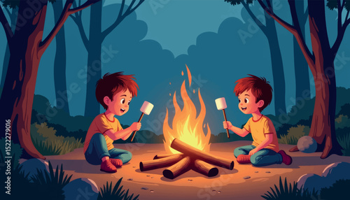Joyful kids roasting marshmallows by campfire in forest, outdoor adventure