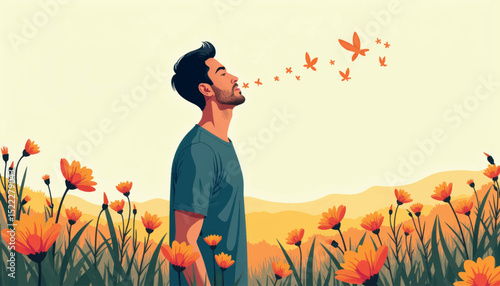 Contemplative man breathing in flowers field, embracing nature's beauty