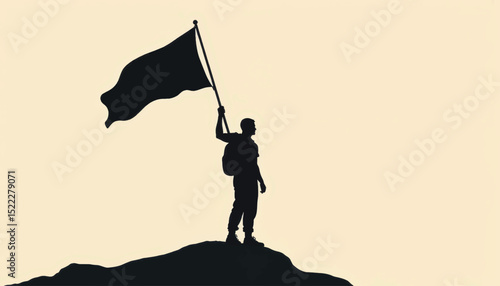 Confident man raising flag on mountain top, triumph and accomplishment