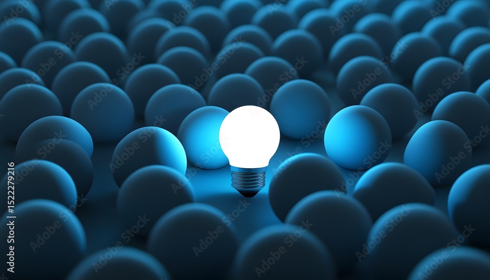 Obraz premium Single illuminated lightbulb amongst a sea of dark spheres.