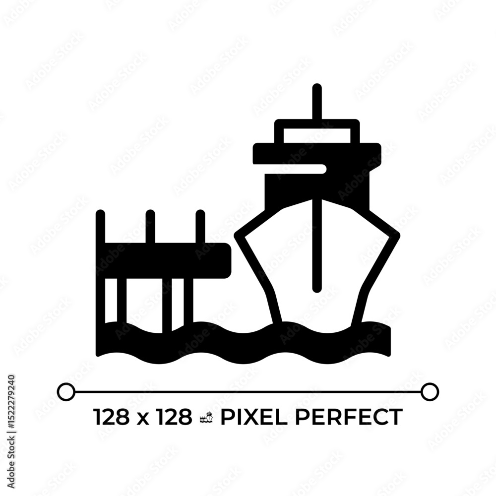 Fototapeta premium Mooring dock pixel perfect glyph solid icon. Anchoring vessel in port. Maritime transport industry. Ship equipment. Black silhouette symbol on negative space. Vector isolated illustration