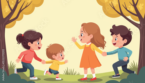 Children joyfully playing hide and seek in a park, childhood fun