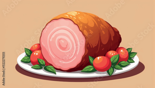 Oven-baked ham with brown sugar glaze on a plate, festive meal