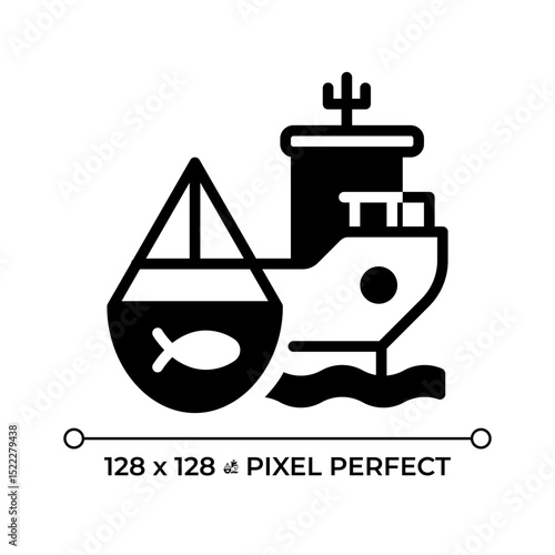Fishing vessel pixel perfect glyph solid icon. Ship designed to catch fish and aquatic animals. Maritime transport type. Black silhouette symbol on negative space. Vector isolated illustration