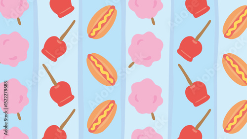 Background and banner decorated with pattern of festival food(hot dog, cotton candy, candy apple).Blue striped pattern.Horizontal,wide version.