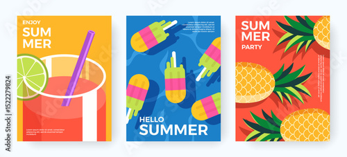 Colorful set of abstract summer backgrounds with cocktail, pineapple, ice cream shaped air mattress. Vacation, weekend and summer time concept. Minimal design for cover, poster, card, banner, brochure